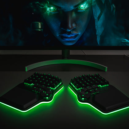 Black Dygma Defy with black keycaps and green RGB