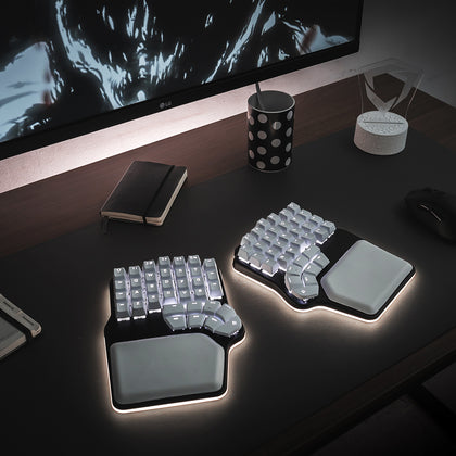 Black Dygma Defy with white keycaps and white RGB