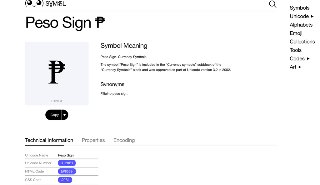 Peso sign UNICODE